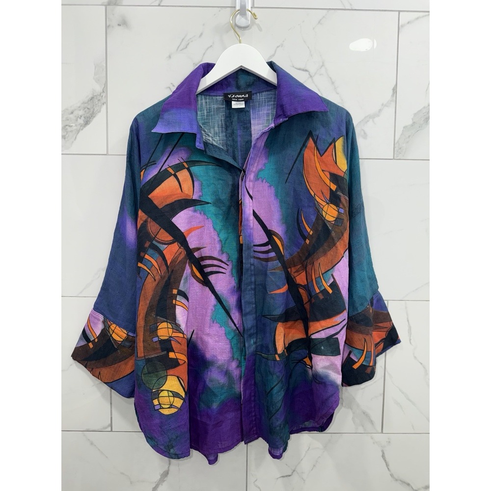 DILEMMA HAND PAINTED ARTIST BUTTON FRONT ART TO WEAR SHIRT 3/4 Sleeve OS